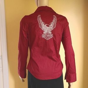 Harley-Davidson Eagle Bar & Shield Embroidered Stretch zip front shirt Size XS